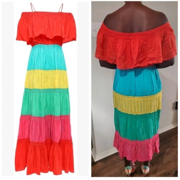 Alice + Olivia Dresses & Skirts - Alice + Olivia Kia Smocked Rainbow Cold-Shoulder Dress Size 10